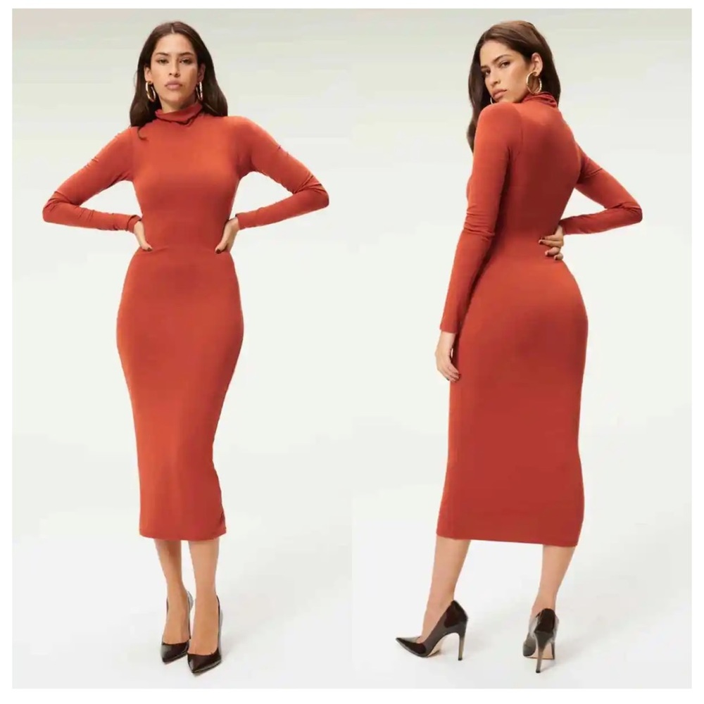 Good American Sundown Dress Brick Mock Collar Long Sleeve Bodycon Midi 1 (sm)NWT